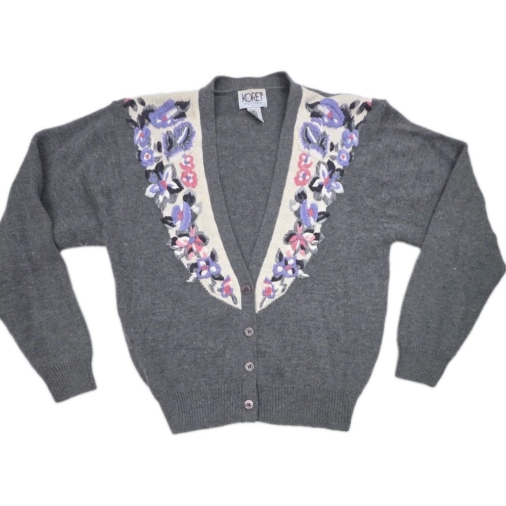 Vtg 90s Embroidered Cardigan Sweater Lambswool Angora Floral Size S Koret Petite